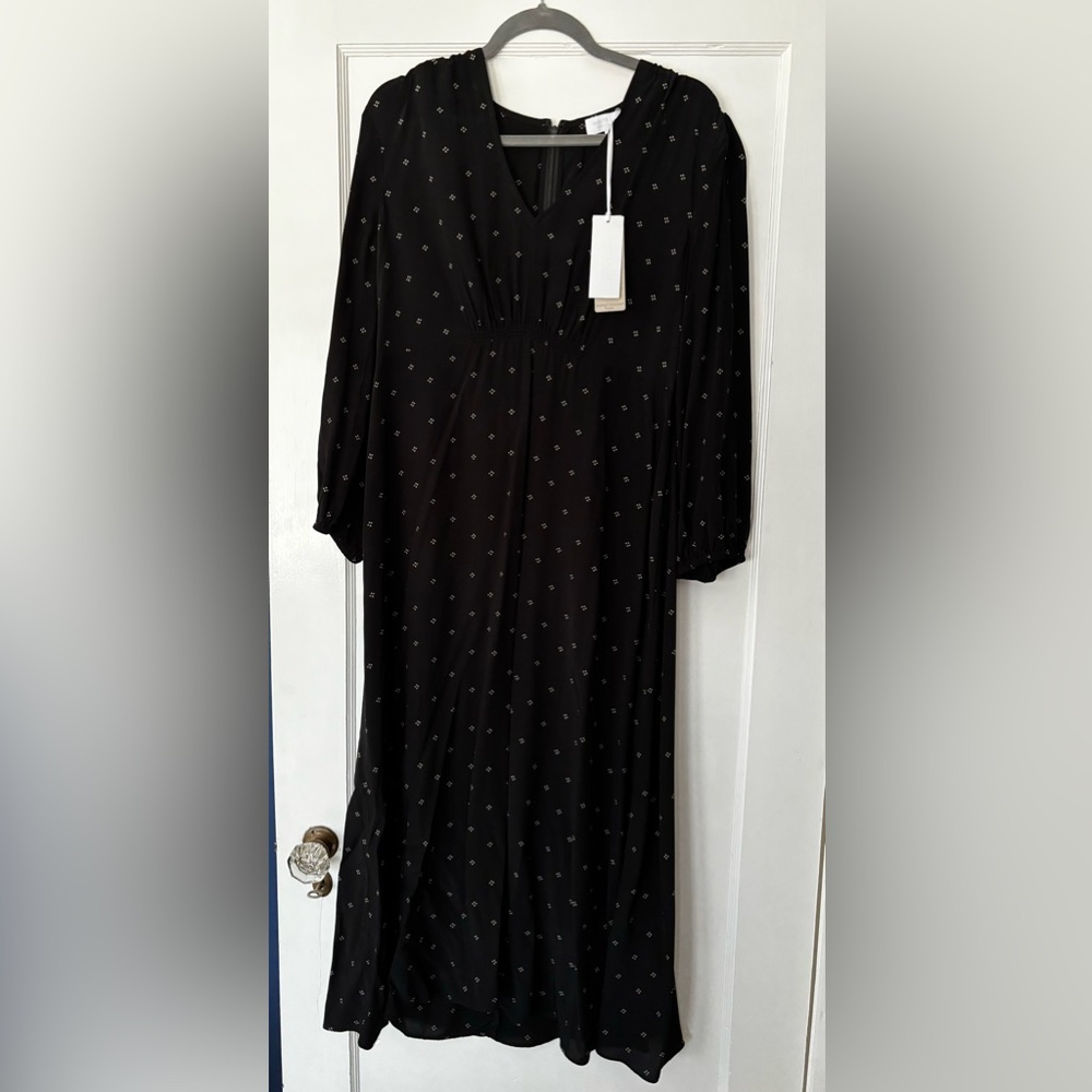 The White Company black dress with white and gray spots. NWT.